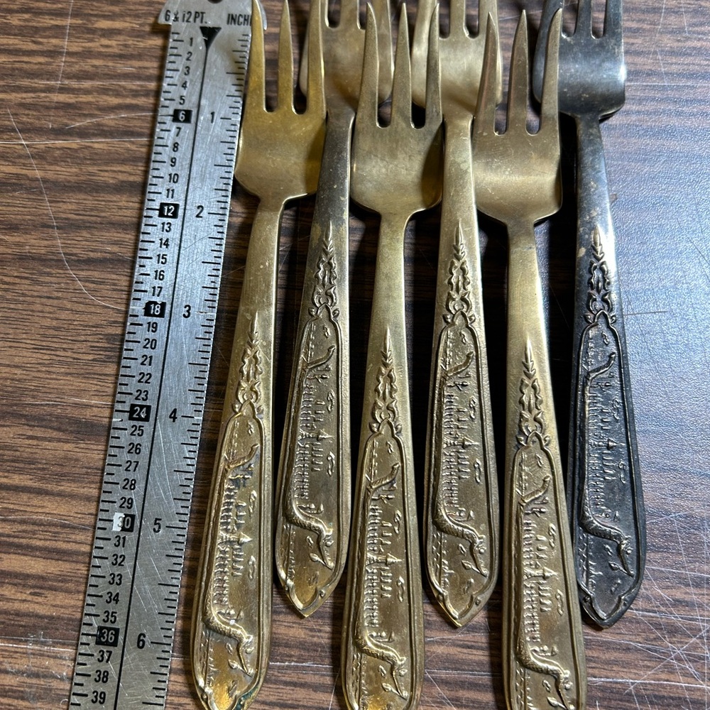 Vintage Brass Flatware Dragon Viking Ship Design Set of 6 Cocktail Shrimp Forks